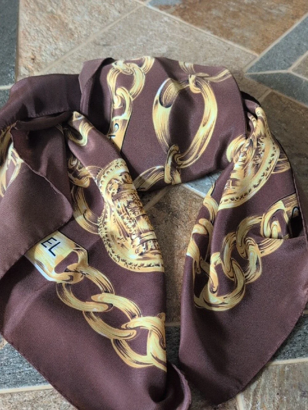 CHANEL Brown and Gold Chain-Print  100% Silk Scarf 35x35